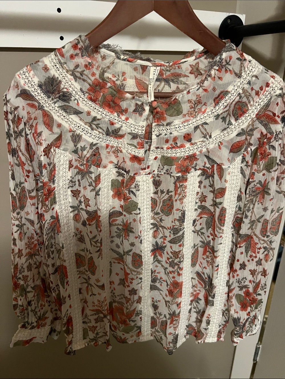 by Anthropologie Floral Lace-Trim White Boho Blouse with Orange & Green Print